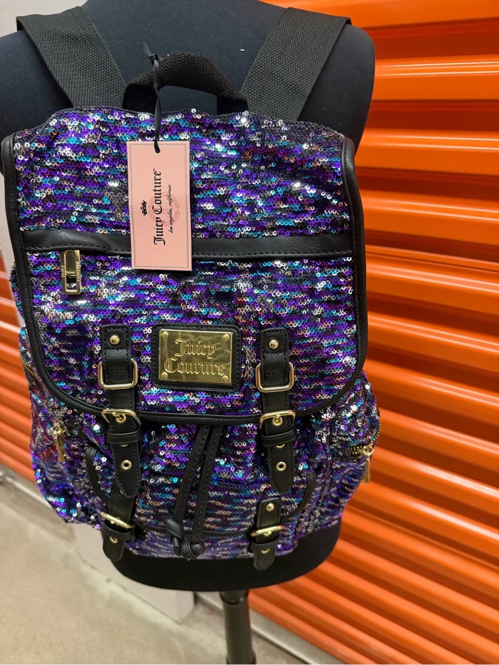 NWT Juicy Couture Purple Sequin Backpack with Black Trim and Gold Hardware